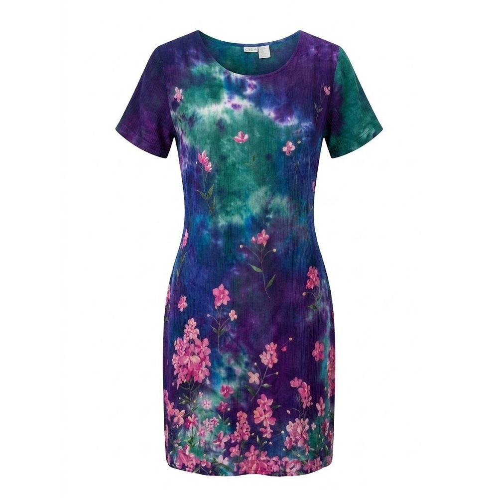 La Cera Dress Women Medium Purple Floral Tie Dye Shift Whimsigoth Boho 90s